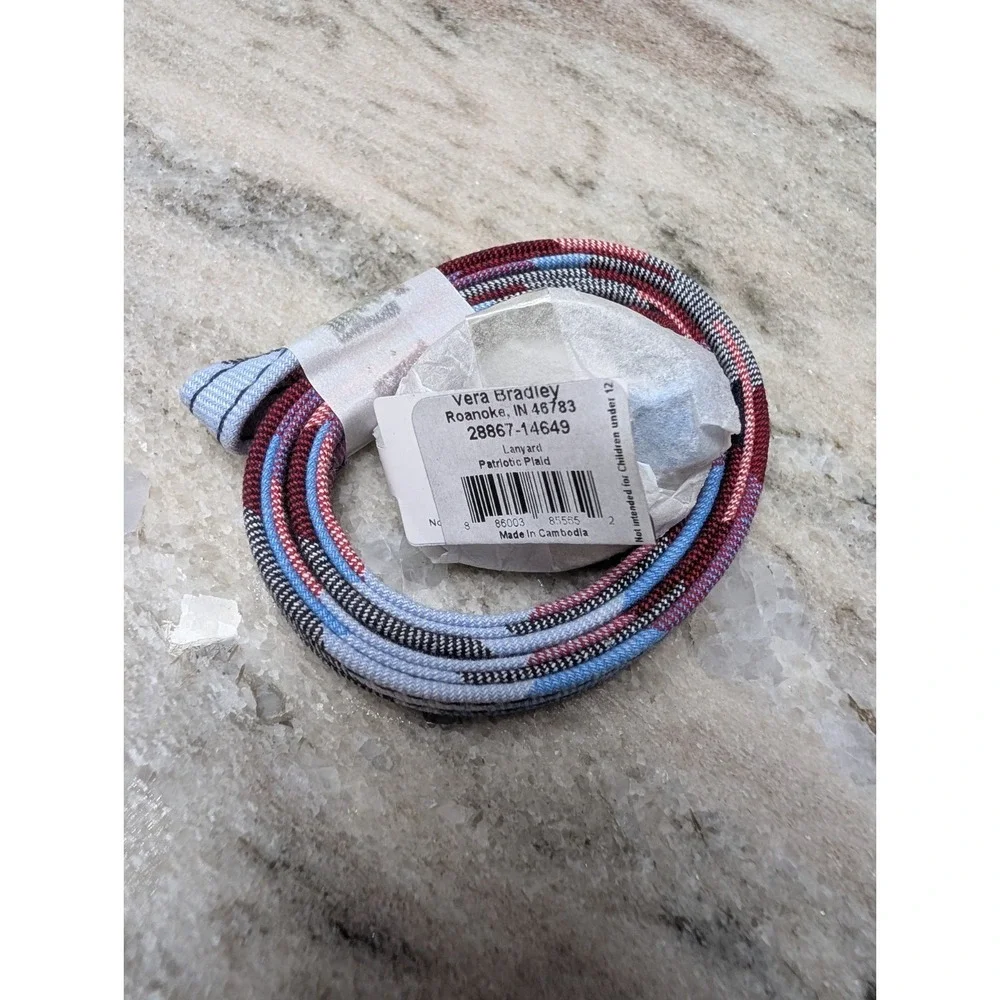 Vera Bradley  Lanyard  w /Ring and Lobster Clip NWT Patriot Plaid Red White Blue